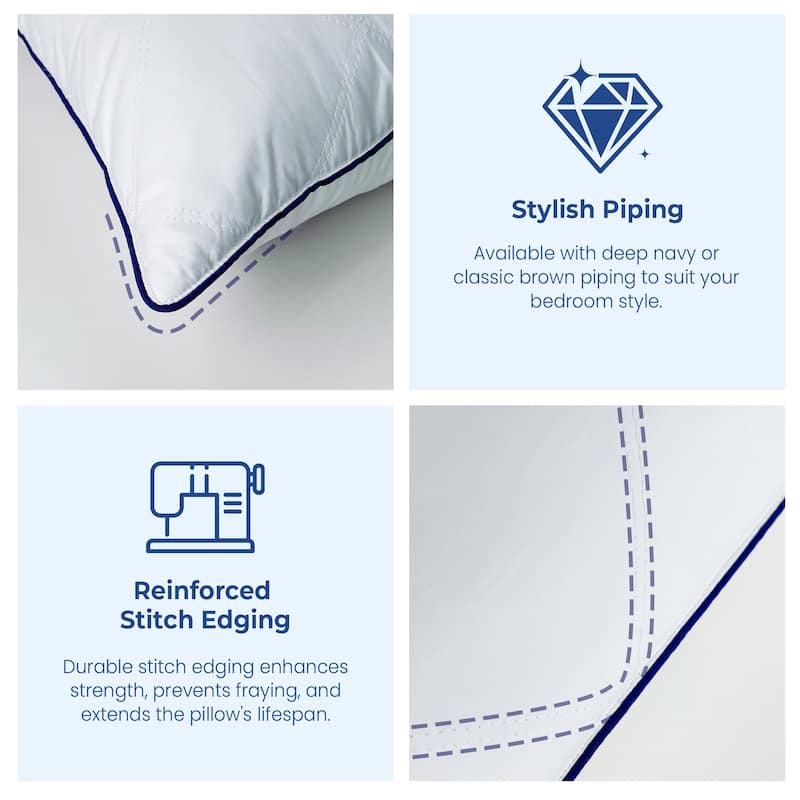 Set of 2 Goose Feather Medium-Firm Bed Pillows for Side & Back Sleepers with Quilted Cover - White