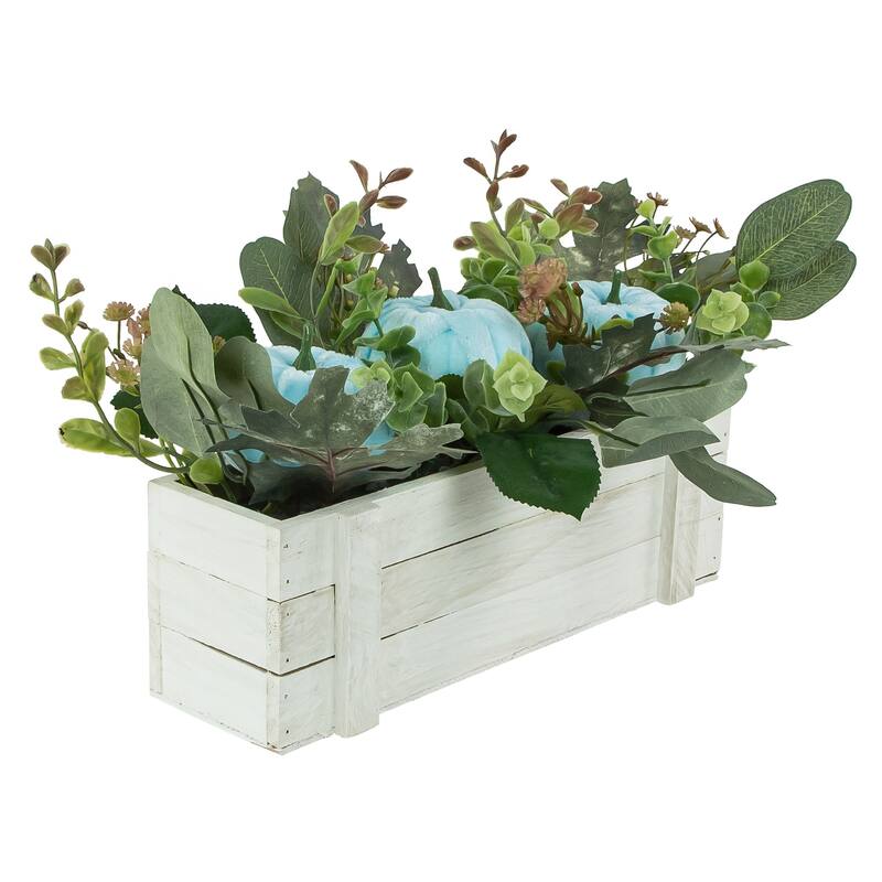 Fall Harvest Foliage and Pumpkins In Wooden Planter - 18" - Blue - 16"