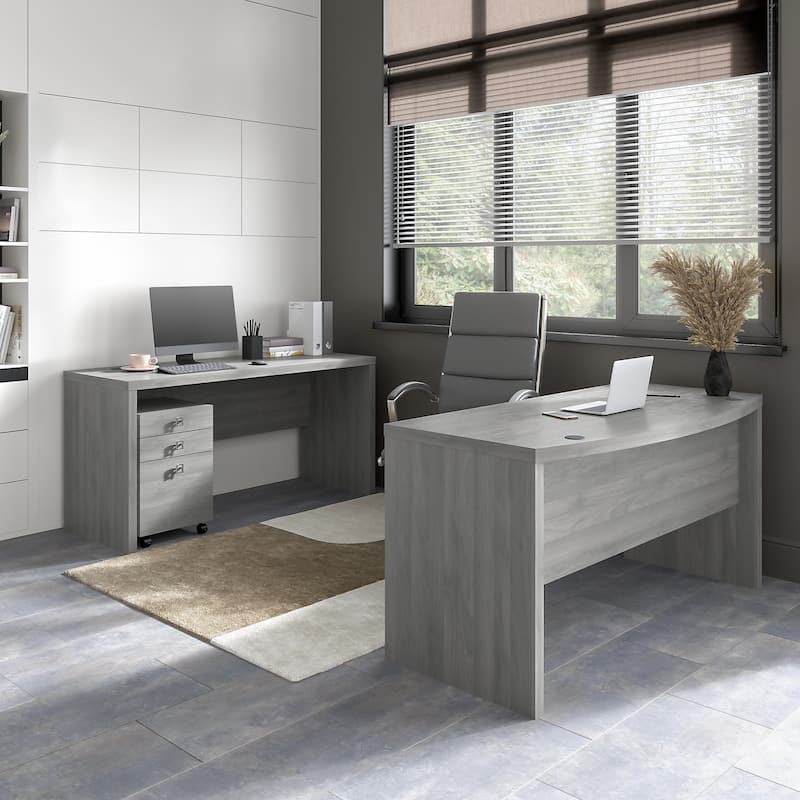 Echo Bow Front Desk and Credenza w/ Drawers by Bush Business Furniture - Modern Gray