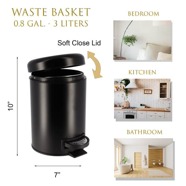 dimension image slide 1 of 2, Evideco Soft Close Small Round Metal Bathroom Floor Step Trash Can - 3 liters - 0.8 gal