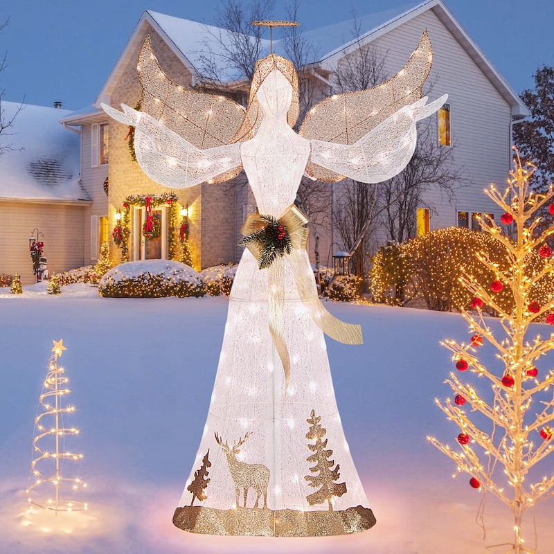 Costway 5 FT Pre-Lit Christmas Angel 3D Glittered Decoration with Halo - See Details - White + Gold