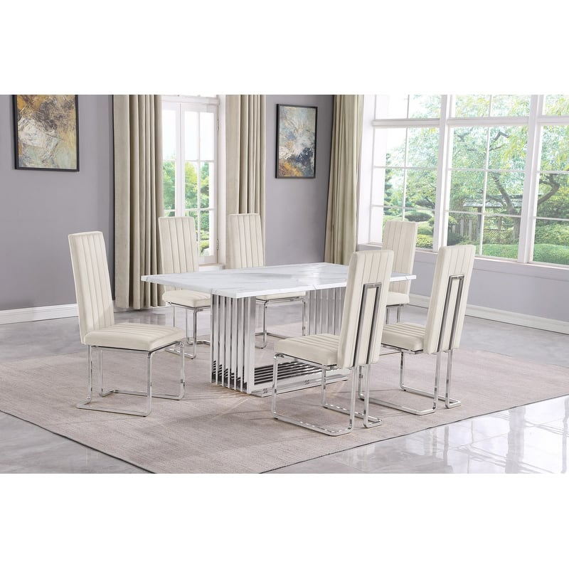 Best Quality Furniture D310/1-SC340-7 Dining Set with 68" White Marble Top - 7-Piece - Cream / Silver