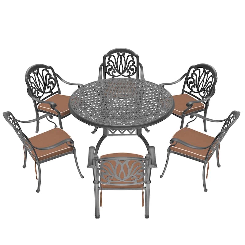 5/7-Piece Cast Aluminum Outdoor Dining Set with 48.03 in. Round Table and Random Color Cushions