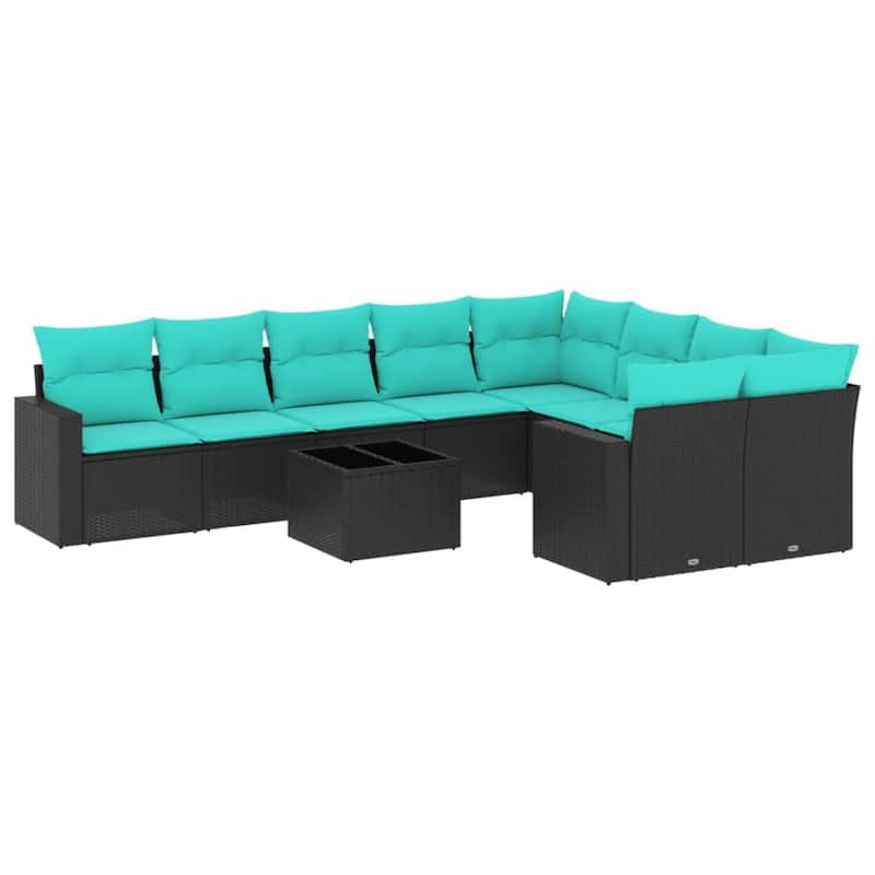 vidaXL 10 Piece Patio Sofa Set with Cushions Black Poly Rattan - 24.4" x 24.4" x 27.2"