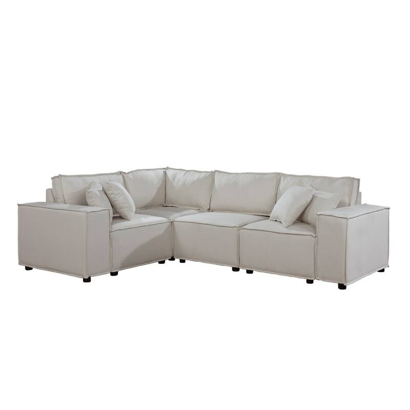 Melro Modular Sectional Sofa w Ottoman, 5 Pillow, Beige Linen 99 Inch
