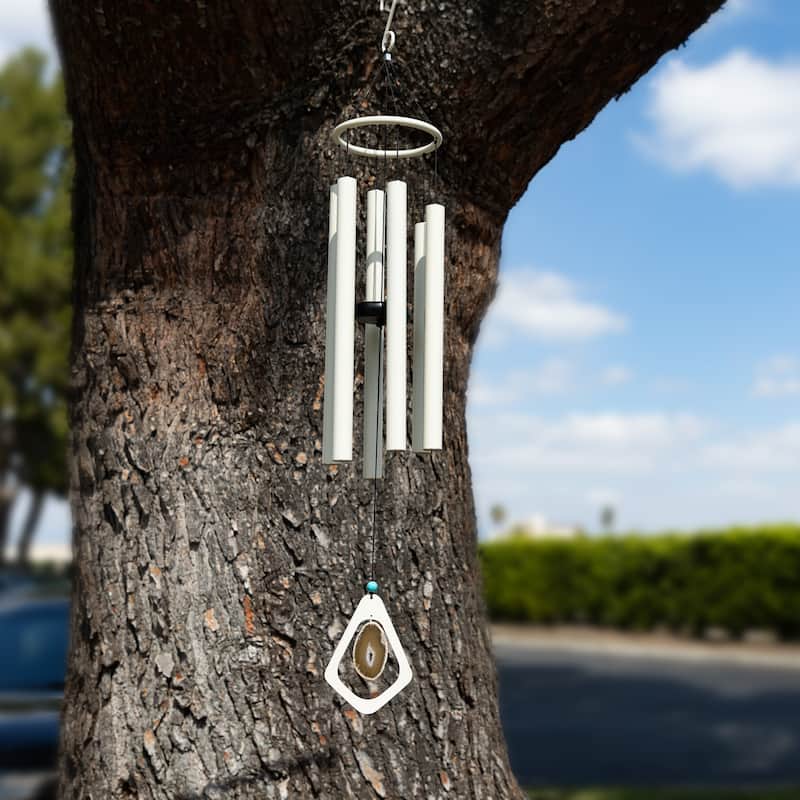 39" White Metal Windchime with Creme Gemstone