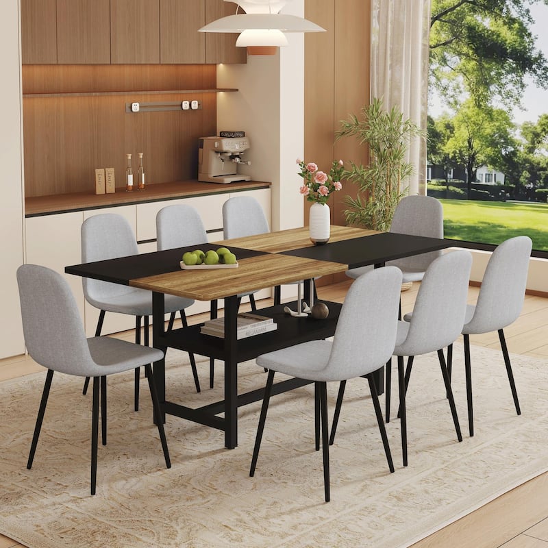 9-Piece Spliced Dining Table with Storage Compartment, Scratch-Resistant MDF Top, Linen-Cotton Chairs, Anti-Slip Feet
