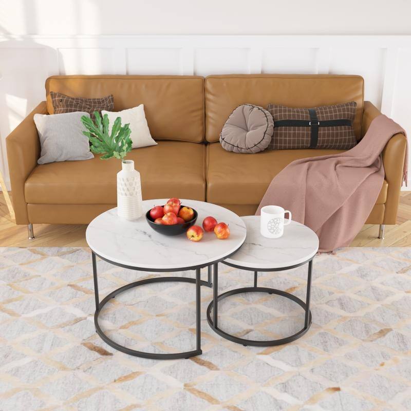 Round Nesting Coffee Table Set of 2 with Marble Pattern Top & Metal Frame