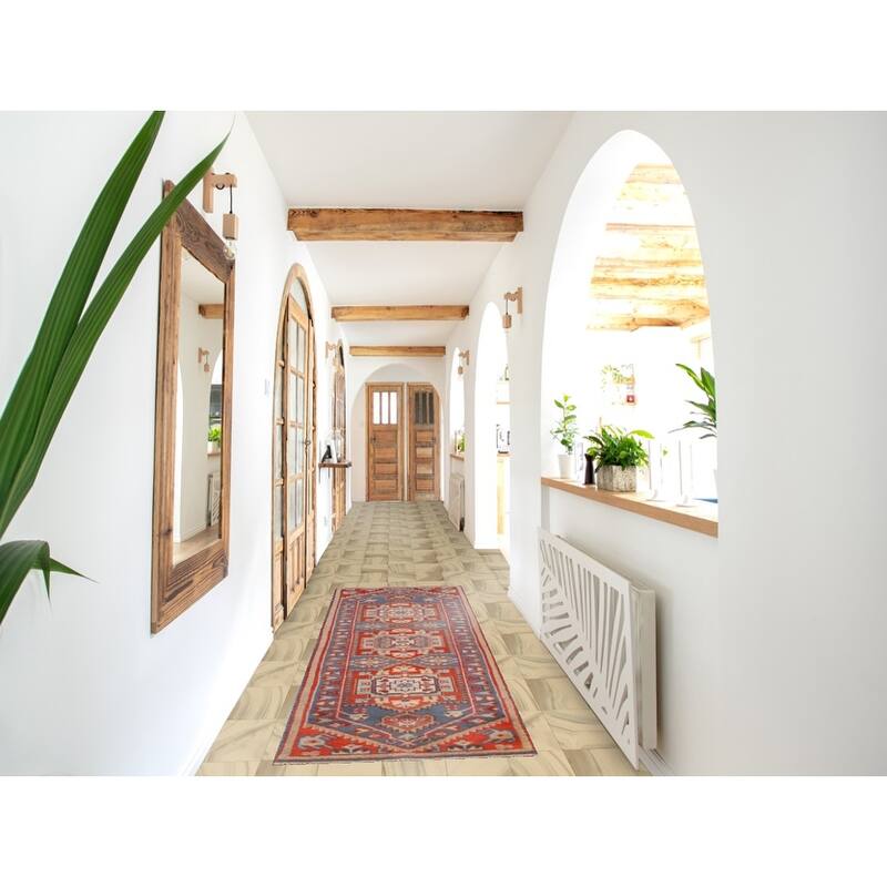 Blue Geometric Heriz Serapi Indian Runner Rug Hand-Knotted Wool Carpet - 2'4" x 7'11"