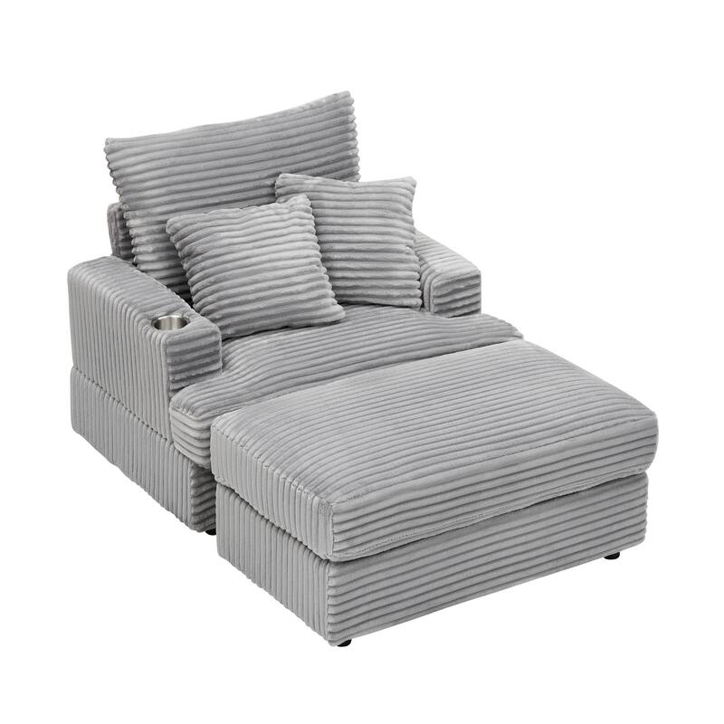 Corduroy Armchair Ottoman Set with Cup Holder, Spring Cushion and 2 Throw Pillows