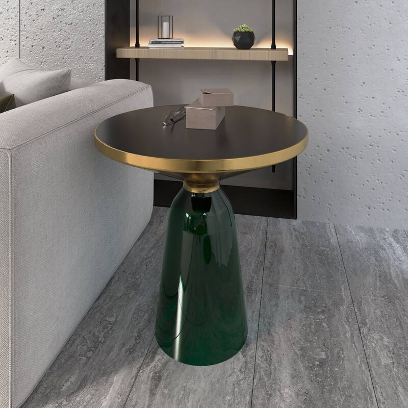 19-Inch Side Table Round Glass/Stone Tabletop End Table with Gold Iron Rim and Glass Base