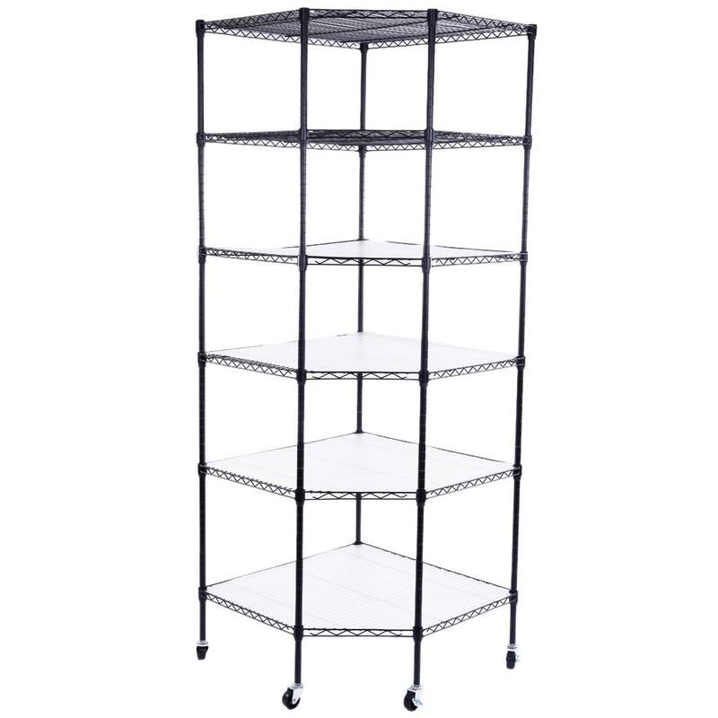 6-Layer Plastic Coated Polygonal Corner Shelf with 2" PP Wheels 680*680*1800 Black