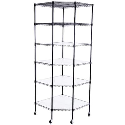 6-Layer Plastic Coated Polygonal Corner Shelf with 2" PP Wheels 680*680*1800 Black