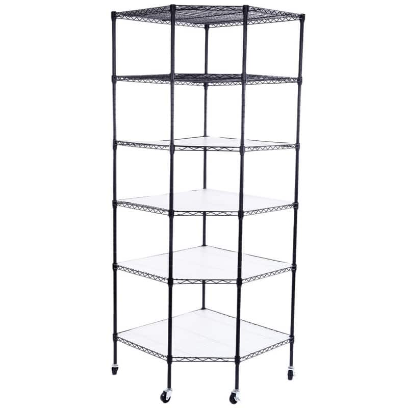 6-Layer Plastic Coated Polygonal Corner Shelf with 2" PP Wheels 680*680*1800 Black