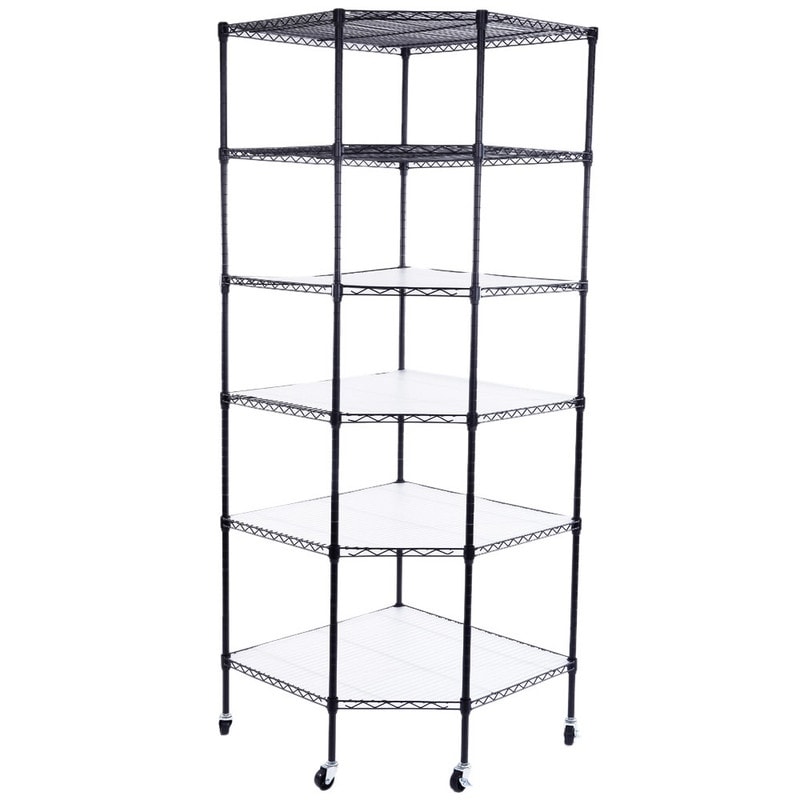 6-Layer Plastic Coated Polygonal Corner Shelf with 2" PP Wheels 680*680*1800 Black