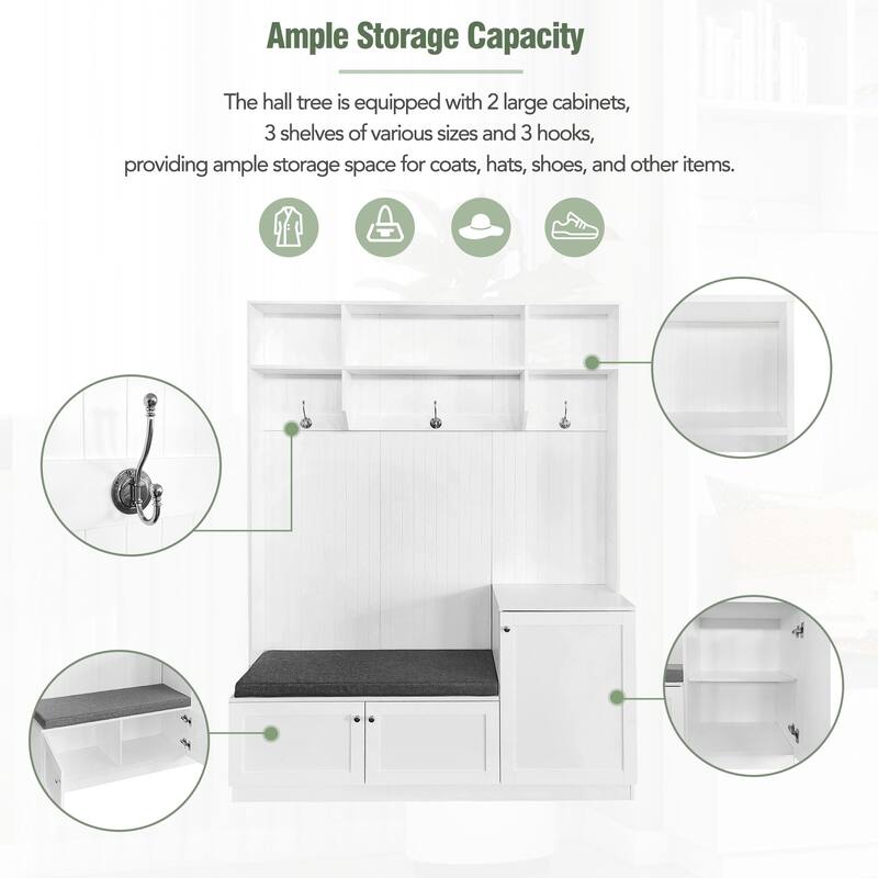 All-in-One Hall Tree with Bench and Shoe Storage, Entryway Upholstered Storage Bench Modern Wood Coat Rack with Hooks