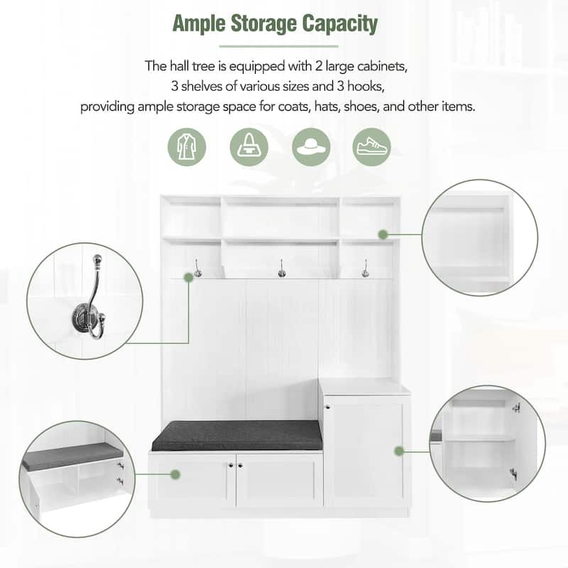 Modern Entryway Hall Tree with Cushioned Storage Bench & Shoe Bench, Tall Coat Rack with Cabinets and Shelves