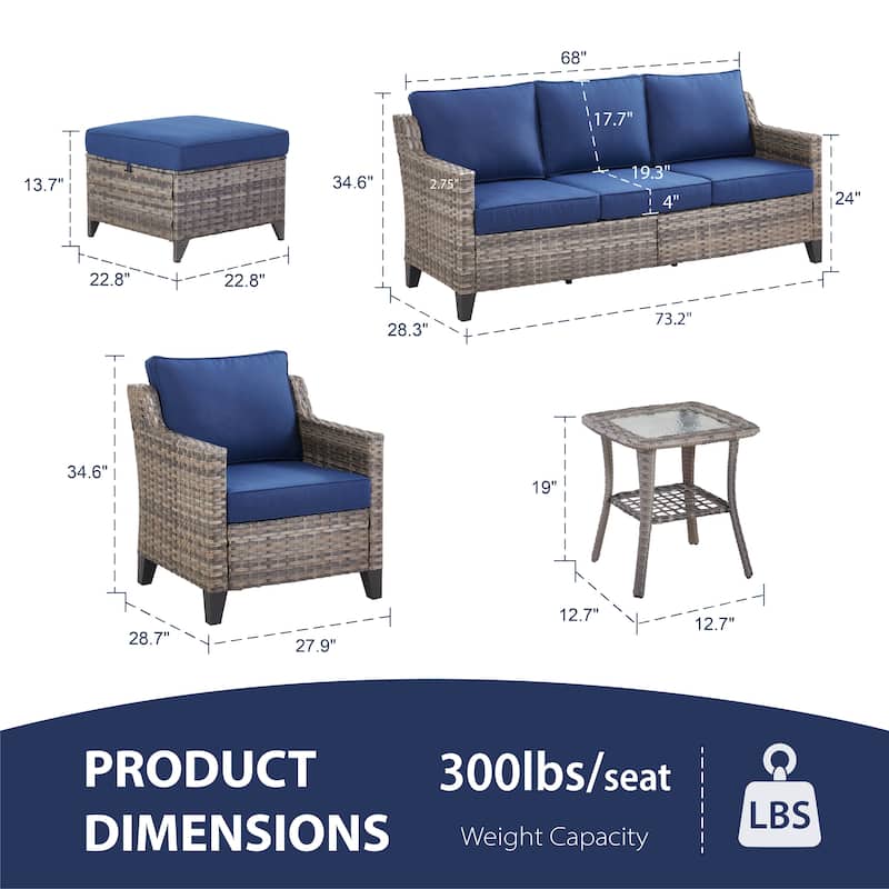 Glissia 5-Piece Gray Wicker Patio Seating Set with Cushions and Ottomans