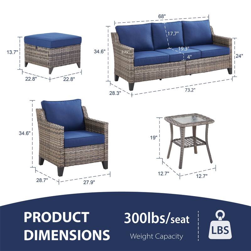 Glissia 6-Piece Gray Wicker Patio Seating Set with Cushions and Ottomans