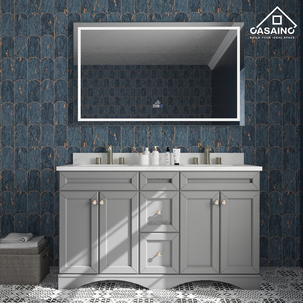 60 in. W x 22 in. D x 35.4 in. H Double Sink Bath Vanity in Gray with Top and LED Mirror