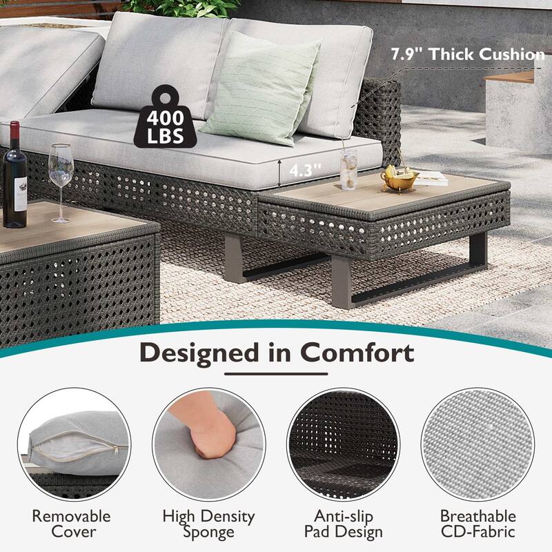 6-Person Diamond Weave Patio Sectional with Ice-Bucket Coffee Table