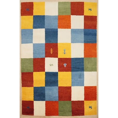 Hand Knotted Oriental 100% Wool Carpet Modern Geometric Multi-Colored Gabbeh Area Rug - 6' 7'' X 4' 9''