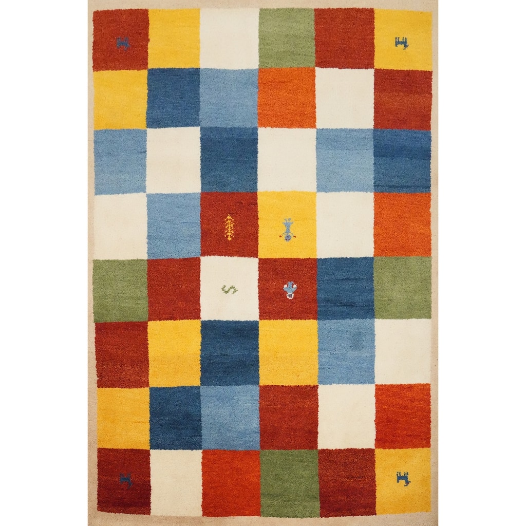 Hand Knotted Oriental 100% Wool Carpet Modern Geometric Multi-Colored Gabbeh Area Rug - 6' 7'' X 4' 9''
