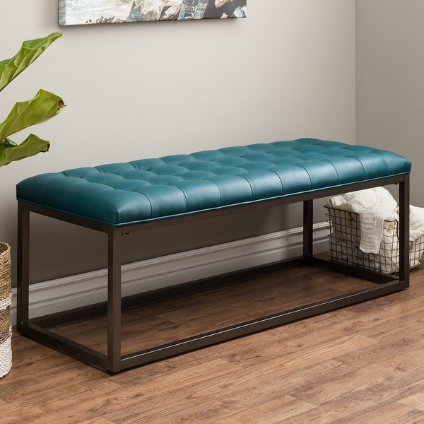 Strick & Bolton Healy Teal Leather Tufted Bench. Opens flyout.