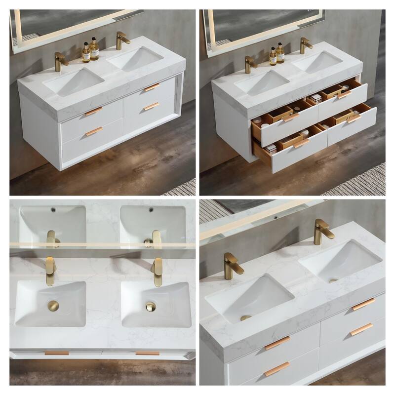 36/48/60 Modern Floating Bathroom Vanity with Sinle/Double Sink & Soft-Close Drawers & LED Lighting & Waterproof, White