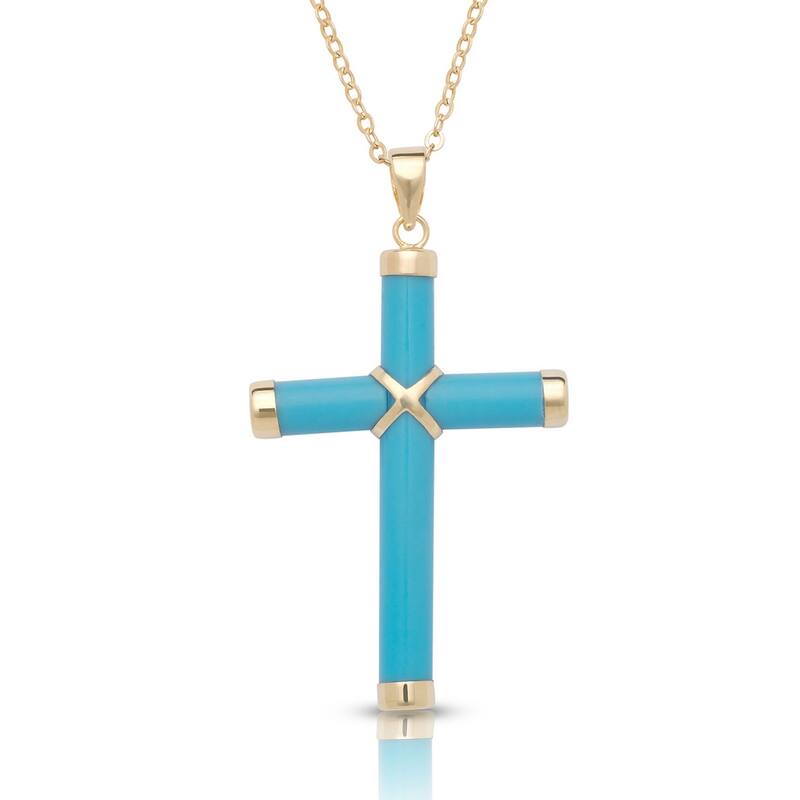 Curata 14k Yellow Gold 18" Stabilized Blue Turquoise Cross Pendant Necklace (25mm x 35mm) - 25mmx35mm