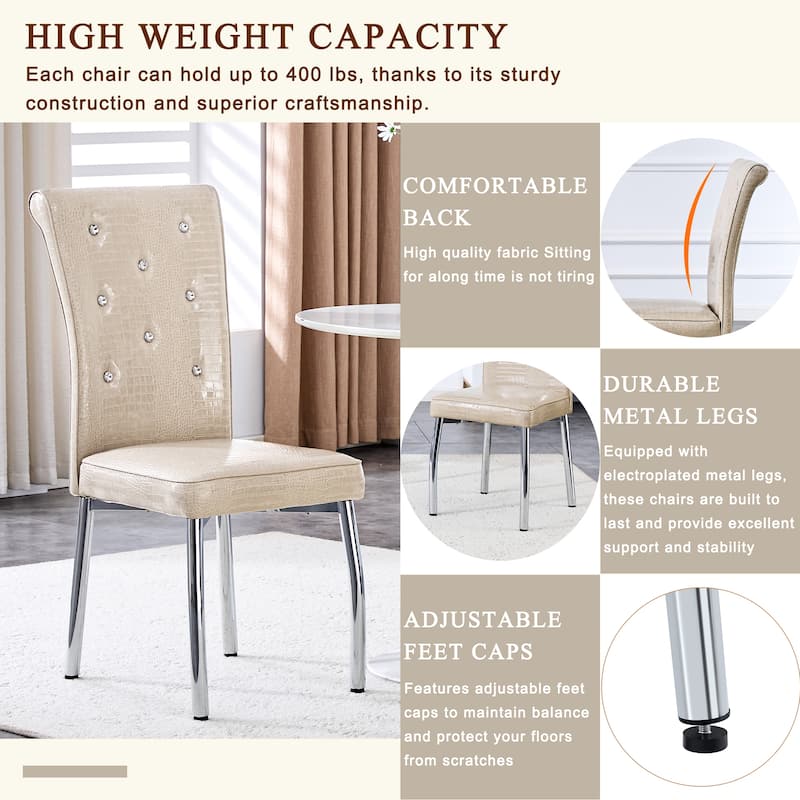 A set of 4 white and black vintage crocodile leather cushioned dining chairs, featuring crystal clasp design and leather