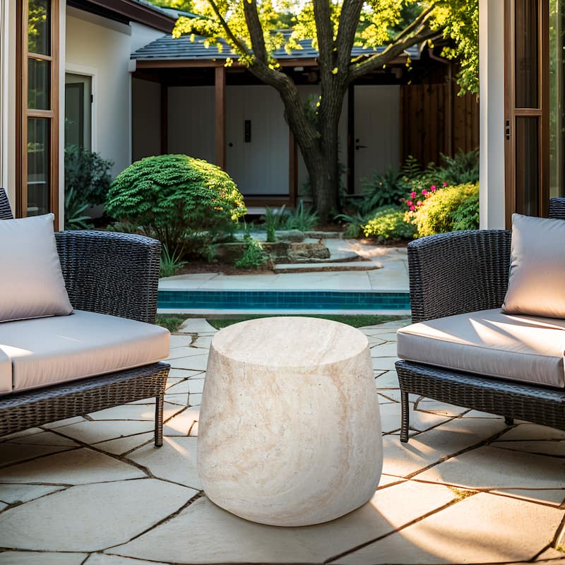 Barrel Travertine Stone Finish Italian Design MgO Side Accent Table - 18.8"x18.8"x16.1"