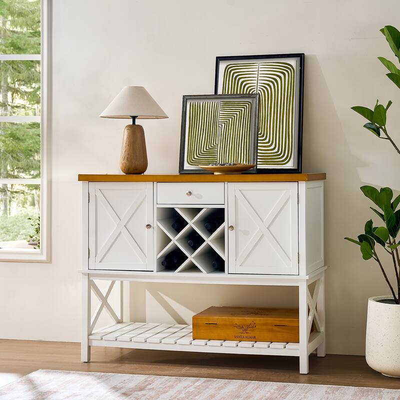 Bar Cabinet Console Table With 2-Door Cabinet & 1 Drawers,Coffee Bar,Wine Rack With Storage Shelf,Sofa Tables Buffet Sideboard - White + Light Oak