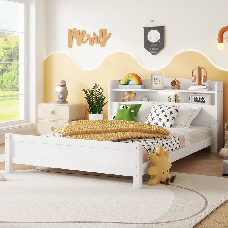 Full Pine Wood Bed with Bookcase Headboard, LED Motion Sensor Light & Bed Guardrails in White