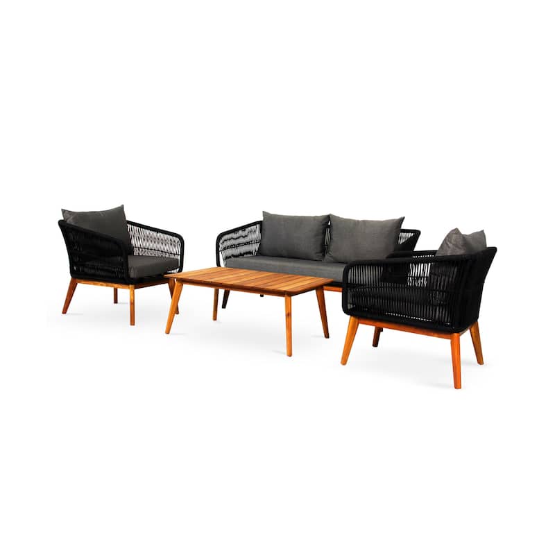 M4H Mieres 4-Piece Acacia Wood Outdoor Rope Conversation Set - Black