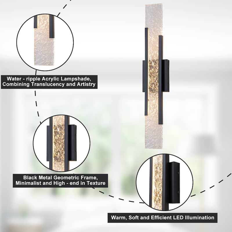Black Metal Rectangular Water Pattern LED Dimmable Wall Sconce