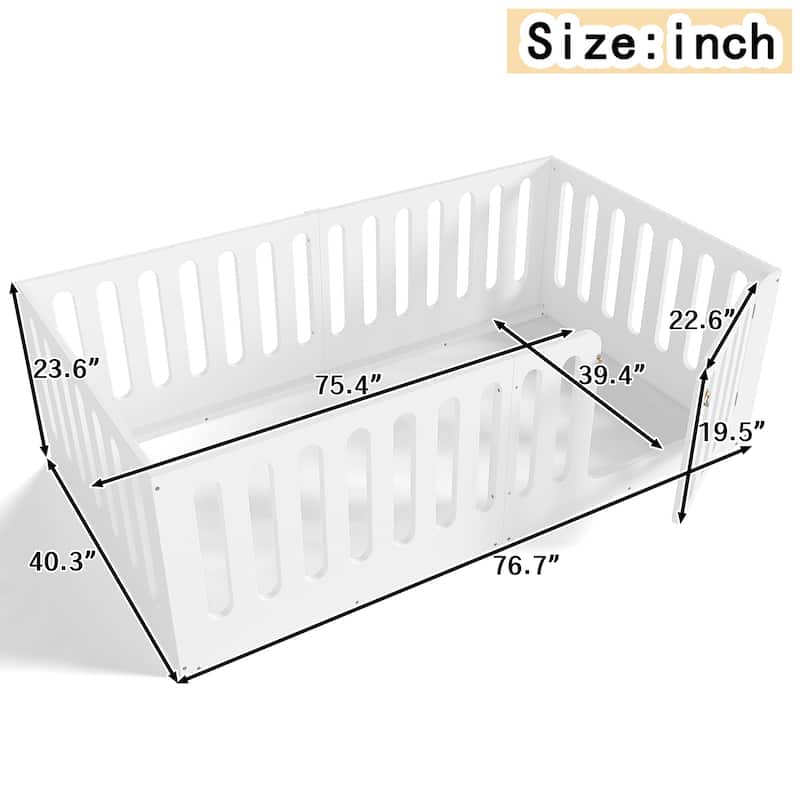 Twin Size Floor Bed with High Fence for Kids, Solid Wood Kids Montessori Bed with Door, No Box Spring Needed Design