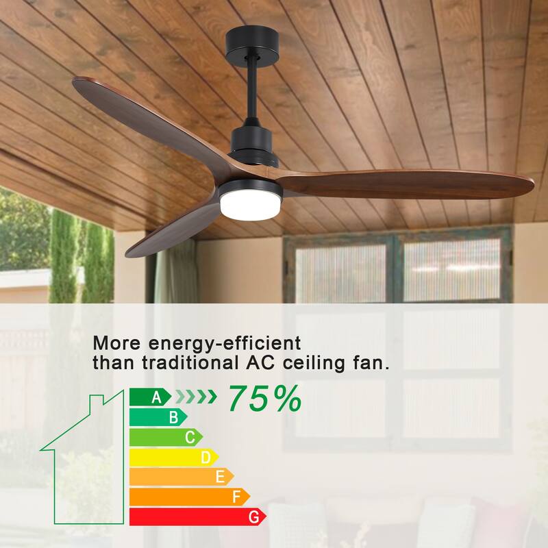 Indoor/Outdoor Wooden Ceiling Fan with Light & Remote Control, 60 Inch Noiseless Reversible Ceiling Fan Chandelier