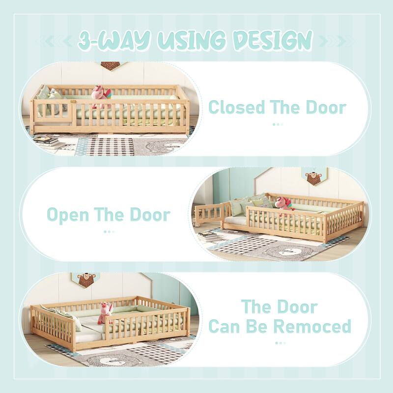 Natural Full Size Pine Wood Floor Bed with Safety Guardrails and Door for Kids, Boys, Girls, Bedroom