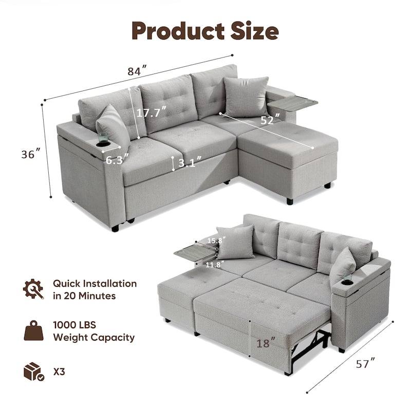 Pocassy Sofa Bed Sleeper Pull Out 4 in 1 Sleeper Sofa Couches with Storage