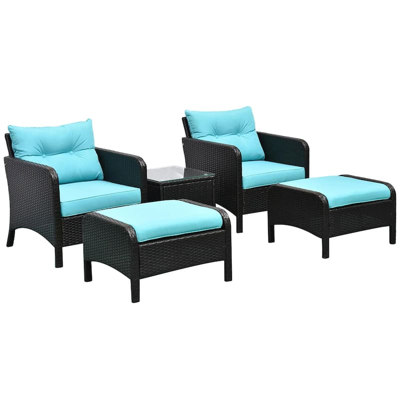 5PC Deep Seat Rattan Patio Set, 2 Chair Ottomans Table, Cream