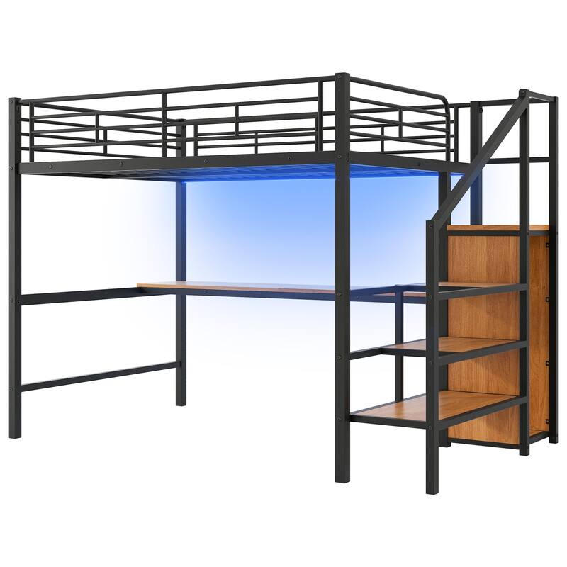 Full Size Metal Loft Bed with Desk & Small Wardrobe, Space-Saving LED Loft Bed Heavy Duty Bed Frame with Storage Staircase
