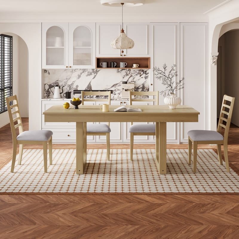 5-Piece Expandable Farmhouse Dining Set - 78" Rustic Wood Table with 18" Extension Leaf & 4 Upholstered Chairs‌