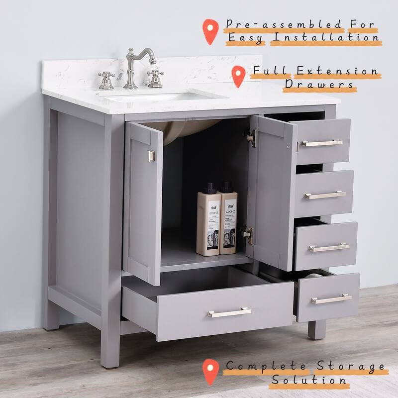Prismosaic 36 in. Lunar Gray Vanity with Countertop & Splash, Left Sink