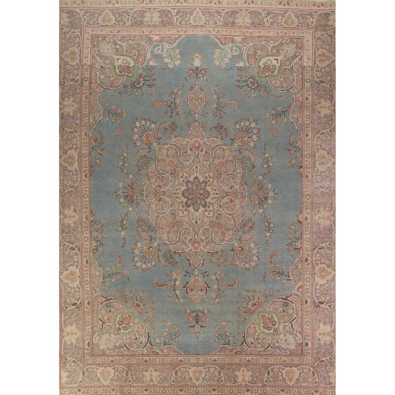 Light Blue Medallion Tabriz Persian Vintage Rug Handmade Wool Carpet - 9'2" x 12'5"
