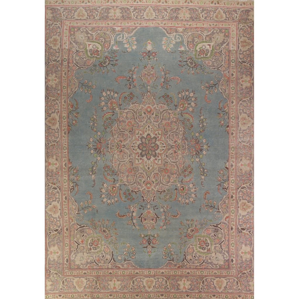 Light Blue Medallion Tabriz Persian Vintage Rug Handmade Wool Carpet - 9'2" x 12'5"
