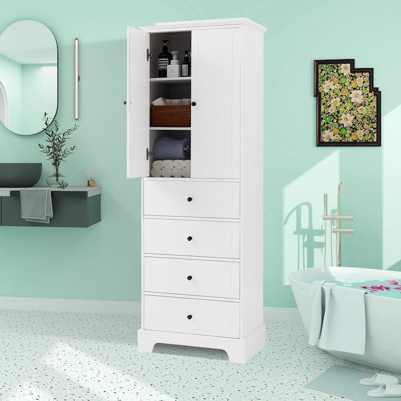 Freestanding Storage Cabinet with 2 Doors and 4 Drawers - White