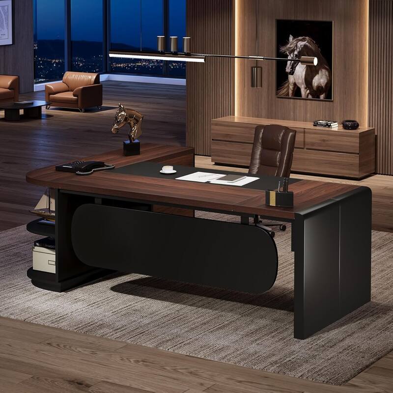 80'' L-Shaped Desk, Large Executive Office Desk with 55'' Drawers Cabinet