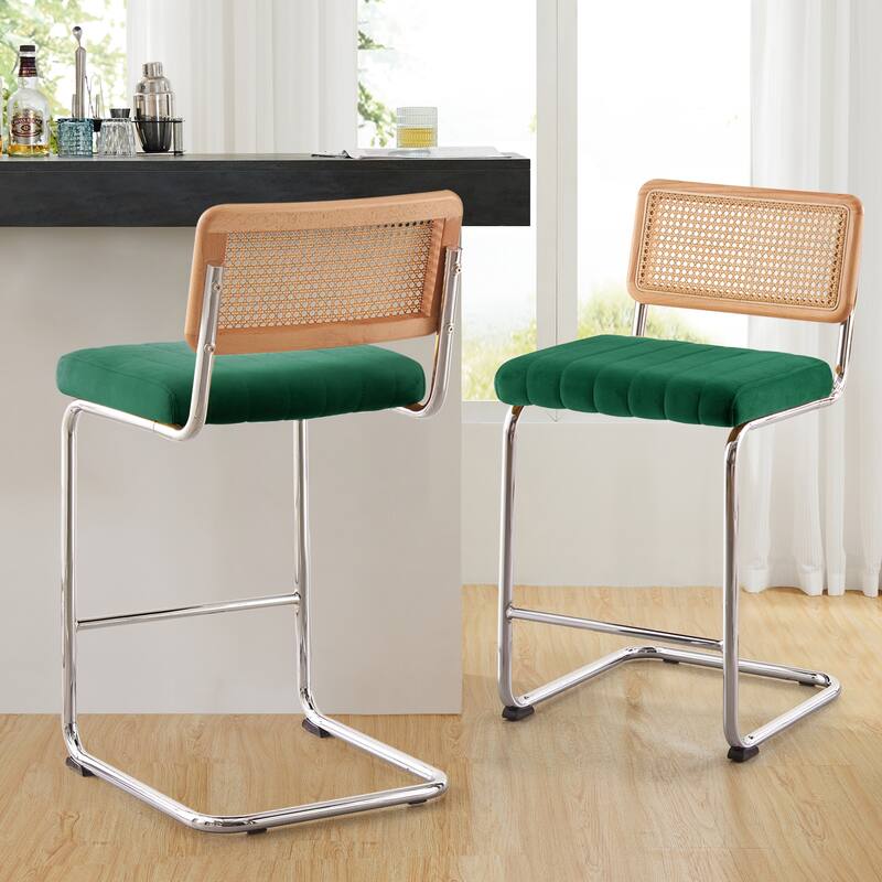Velvet Upholstered Rattan Counter/Bar Stools, Set of 2/3