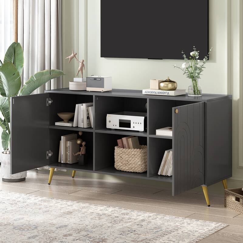 Wood TV Storage Console for TVs up to 55" Media TV Console Table w/ 2 Cabinets Modern Entertainment Center for Living Room
